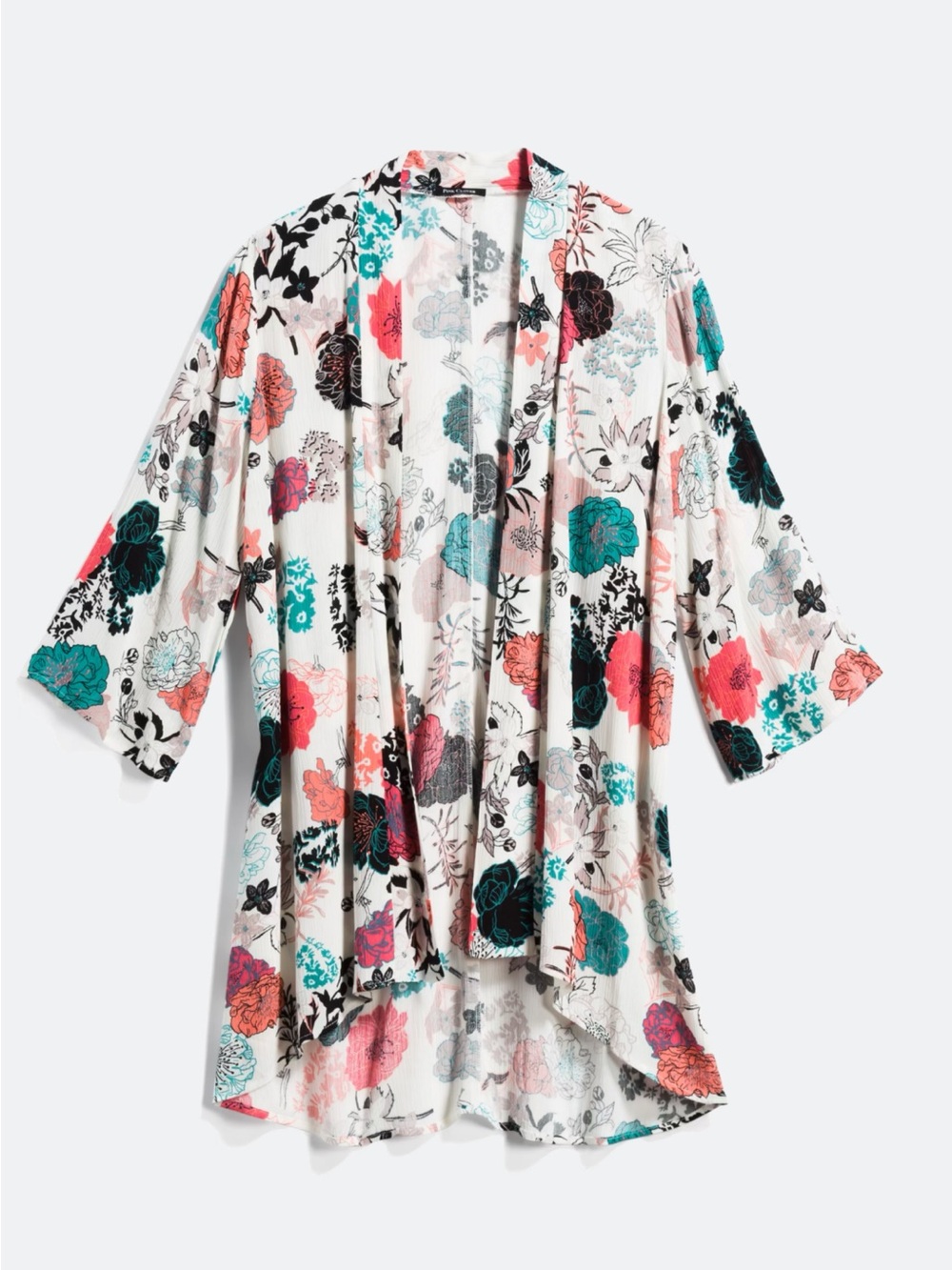 Pink Clover Floral Open-Front Kimono - White with Coral, Teal & Black
